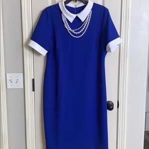 Blue Sheath Dress with White Collar And Cuffs, 16